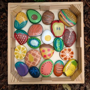 YOU "ROCK" Fruits & Veggies Baskets! Hand-painted Mud Kitchen Pretend Food Rocks! Customizable!