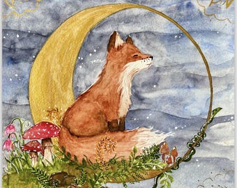 May include: A watercolour painting of a fox sitting on a crescent moon with a green snake wrapped around the moon. The fox is surrounded by mushrooms and greenery. The background is a blue sky with stars.