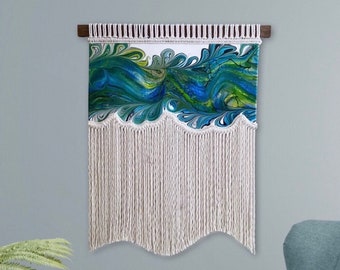 Green and Blue Fluid Art Fiber Art Macrame Wall Hanging