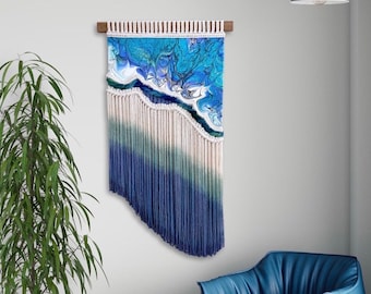 Dip Dye Blue Fluid Art Fiber Art Macrame Wall Hanging