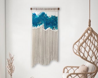 Blue Fluid Art Fiber Art Macrame Wall Hanging