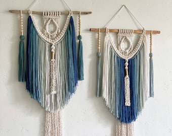Blue Macrame Wall Hanging, Colored Yarn Wall Hanging, Crystal Wall Hanging, Hippie Wall Decor