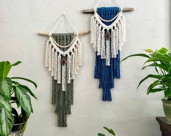 Sage Green Macrame Wall Hanging on Driftwood, Colored Yarn Wall Hanging, Fiber Art, Bohemian Home Decor, Bedroom Decor