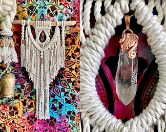 Boho Macrame Wall Decor for Bohemian Home, 20x43” Crystal Wall Hanging, Large Macrame Wall Hanging