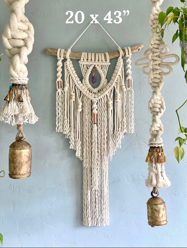 Large Macrame Wall Hanging with Crystal, 20x43 Crystal Wall Hanging Gift for Her, Macrame Wall Art for Bohemian Home, Free Shipping image 1