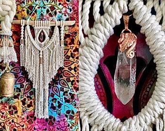 Large Macrame Wall Hanging with Crystal, 20x43” Crystal Wall Hanging, Bohemian Wall Art