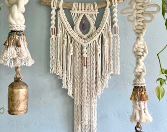 Beach House Macrame Wall Hanging, 20x43” Crystal Wall Hanging, Boho Beach Macrame, Coastal Cottage Wall Decor