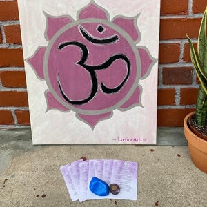Pintura original da arte do chakra do chakra da coroa com 7 cartas de chakra e rocha