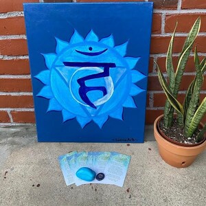 Pintura original da arte do yoga do chakra da garganta com 7 cartas de chakra e rocha