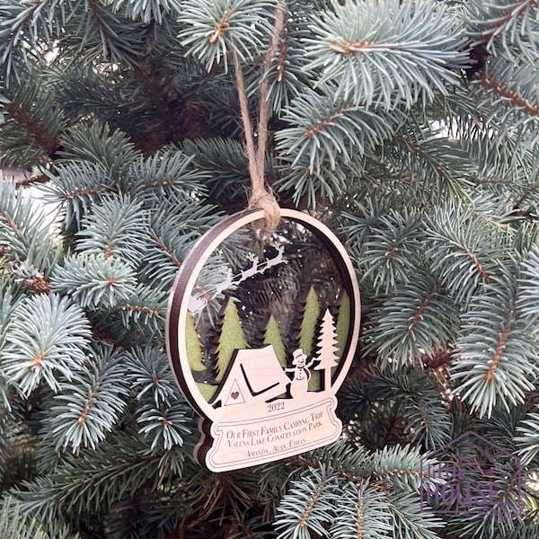 Christmas Camping Ornament - Tent - Personalized - Laser Engraved - Family - Memory - Keepsake - Snow globe - 2022 - Outdoorsy Gift - Camp