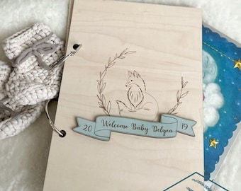 Personalized Baby Card Keepsake Book: Engraved Maple Wood, Fox Design