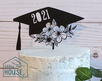 Graduation Cake Topper - Floral - Class of 2023 - Party Decorations - Wood - Acrylic - Graduating Class - Graduation Cap - Custom Year