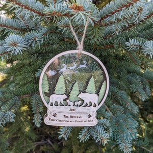 Personalized Family Bear Christmas Ornament: Maple & Acrylic Snow Globe
