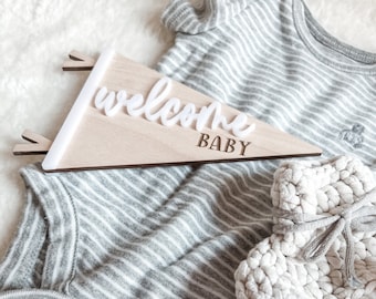 Wooden Birth Announcement Sign: Engraved Pennant Flag, Newborn Photo Prop
