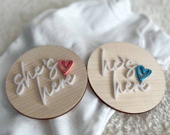 Baby Announcement Photo Prop: Maple Wood He&#39;s Here/She&#39;s Here Sign