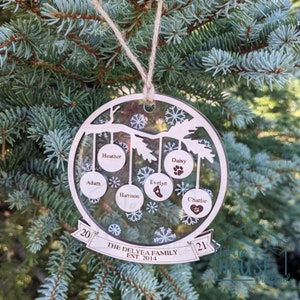 Personalized Family Christmas Ornament: Engraved Acrylic Snowflake Tree