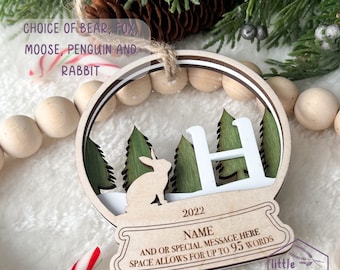 Monogramm Weihnachtsschmuck - Andenken - Arktische Waldtiere - Waldweihnachtsszene - Geschichtet - Weihnachtsgeschenk - Häschen
