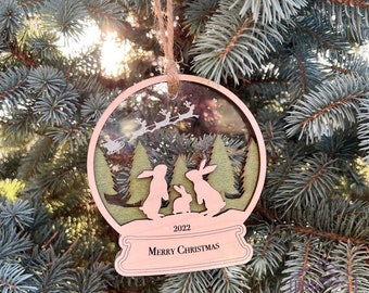 Family Bunnies Christmas Ornament - Family Bunny's ornament -Snow globe -Custom-Baby Rabbit-  Grandparents - New Parent - Siblings - Wood