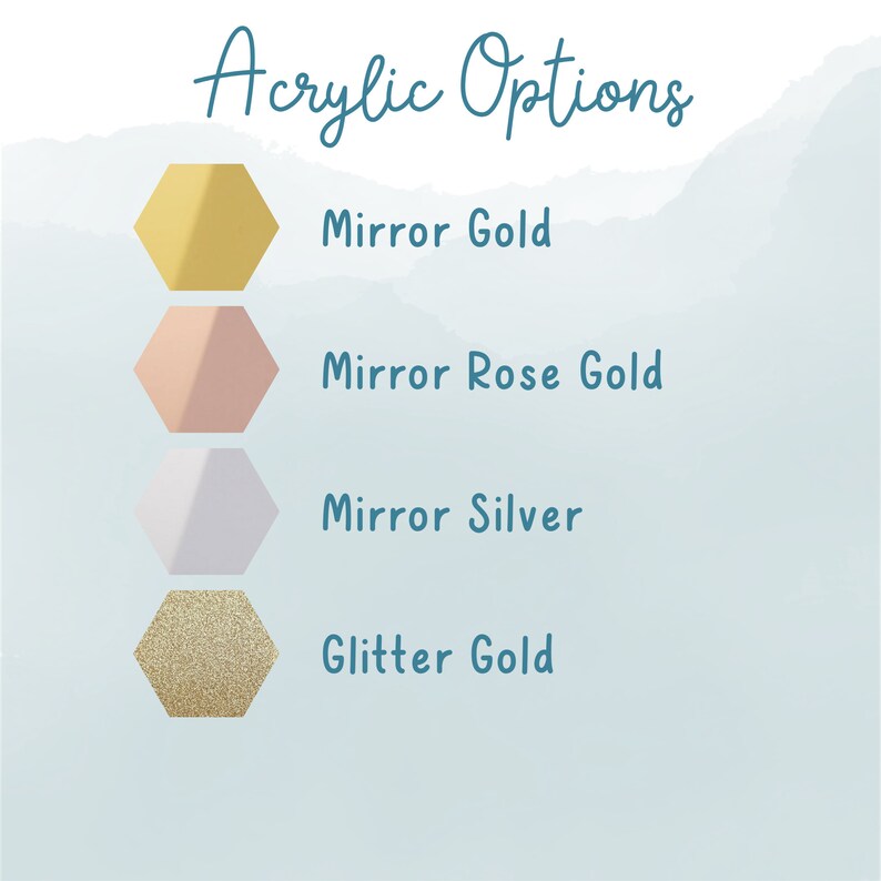 Pode incluir: Op&ccedil;&otilde;es de acr&iacute;lico para um projeto artesanal. As op&ccedil;&otilde;es s&atilde;o ouro espelhado, ouro rosa espelhado, prata espelhada e ouro brilhante.