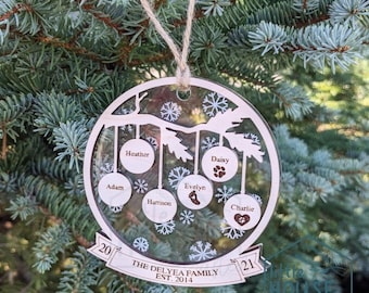Family Christmas Ornament 2026 with Names | Personalized Snowflake Ornament | 1-14 Family Members | Engraved Maple Acrylic Keepsake