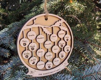 Large Family Christmas Ornament 2026 | 15-22 Names Family Tree Ornament | Personalized Grandparent Ornament | Engraved Maple Wood