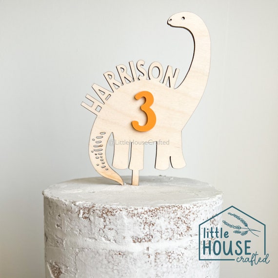 Personalized Dinosaur Birthday Cake Topper: Baltic Birch Dino Party Decor