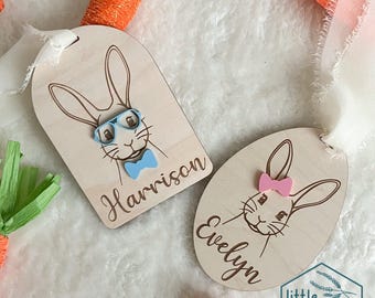Etiqueta personalizada para cesta de Pascua con diseño de conejito / Etiqueta de madera grabada con detalles acrílicos / Etiqueta de regalo de Pascua para niños / Reutilizable