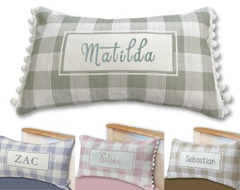 Personalised Embroidered Cushion // Named Pillow // Gingham Check // Pink / Sage / Blue / Latte