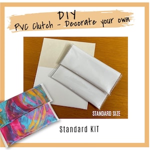 May include: DIY PVC clutch kit with two white PVC clutch bags and a colourful abstract design fabric. The kit includes instructions for decorating your own clutch bag. Standard size.