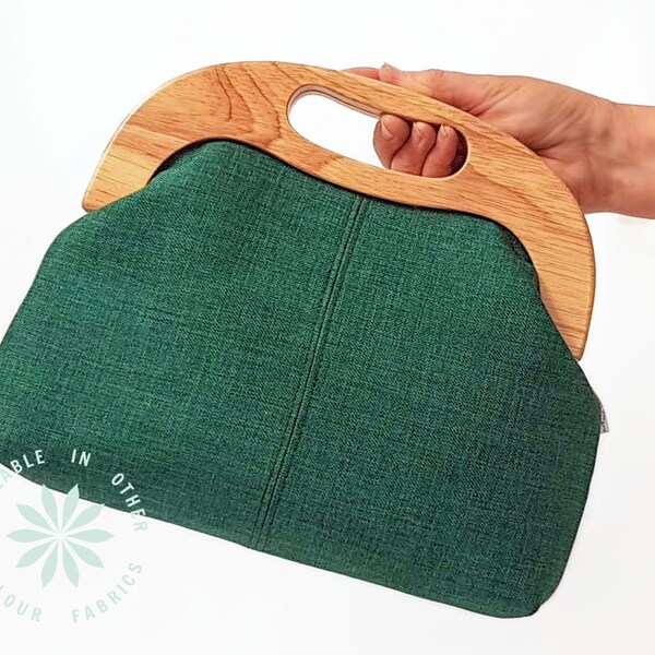 Curved Timber Frame Clutch with Cut Out Handle  // Emerald Green Woven Fabric // Personalise Photo/Embroidered Lining