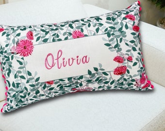 Eucalyptus and Dark Pink Gum Blossoms // Personalised Embroidered Cushion // Named Pillow