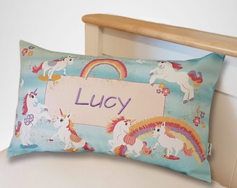 Personalised Embroidered Cushion // Named Pillow // Unicorns & Rainbows