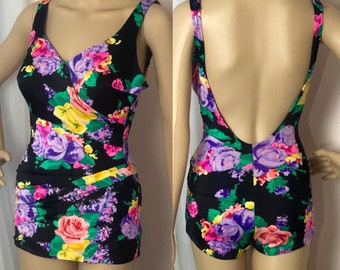 Roxanne swimsuit 196070/'s Roxanne Purple Floral Pin Up Rockabilly One Piece Swimsuit with Molded Cup Size 16 Bust 38B with Union Label