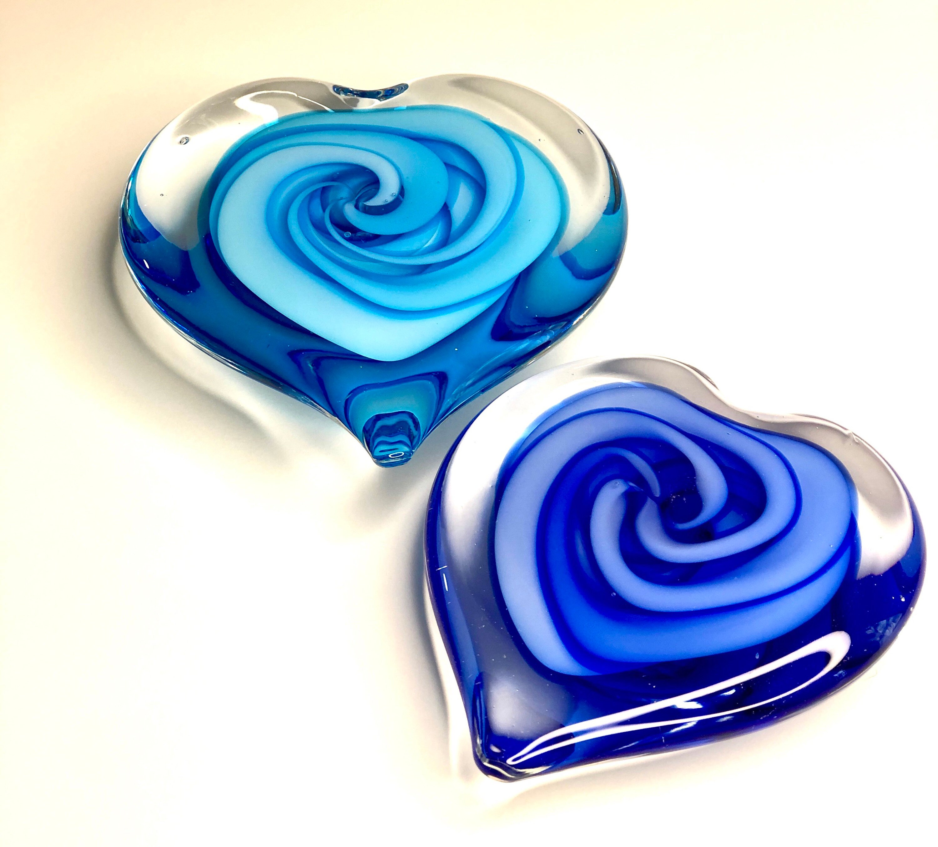 Vintage Art Glass Large Paperweight / Royal Blue Swirls Heart Shaped