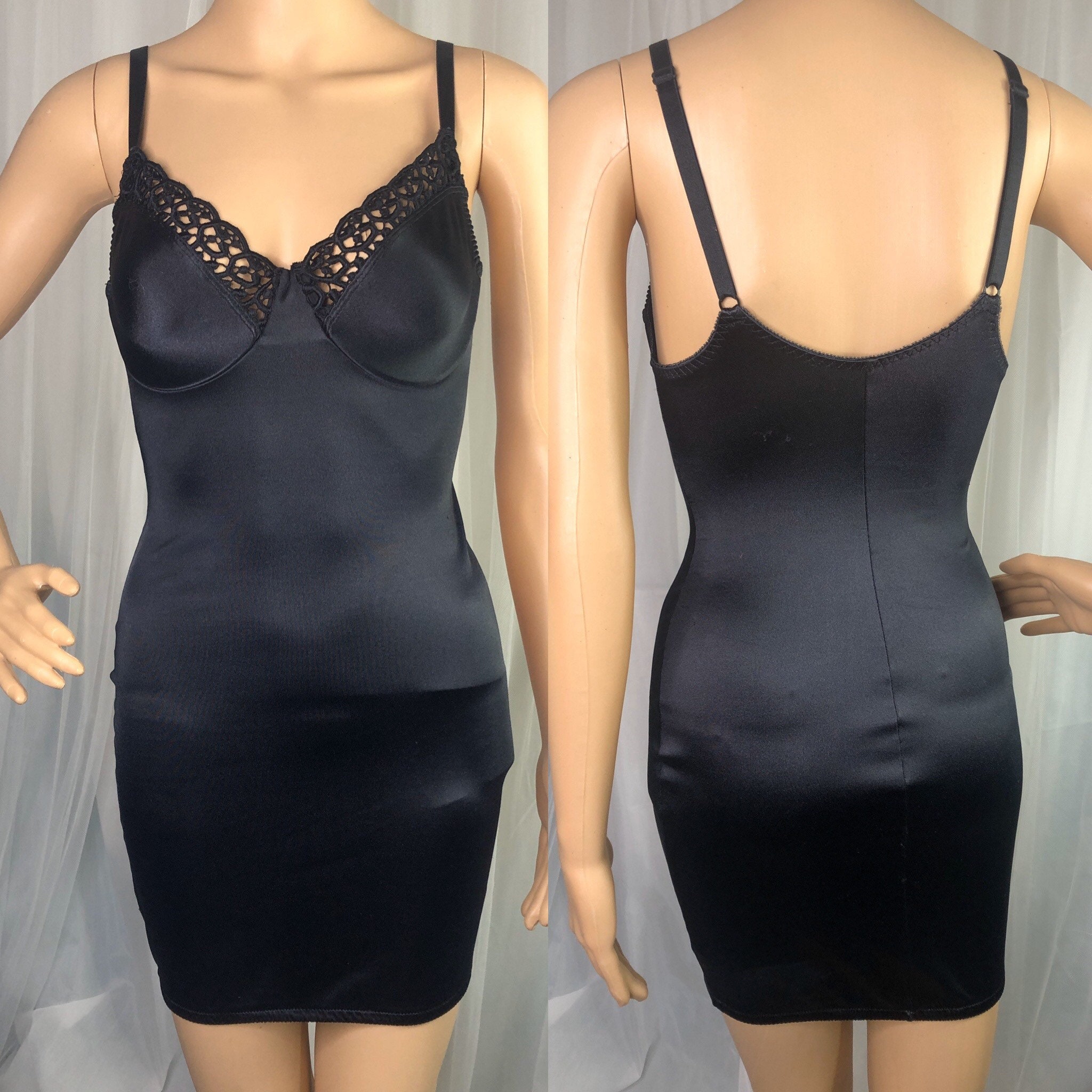 1990s Black Second Skin Satin Slip 36C M / Full Slip Shapewear