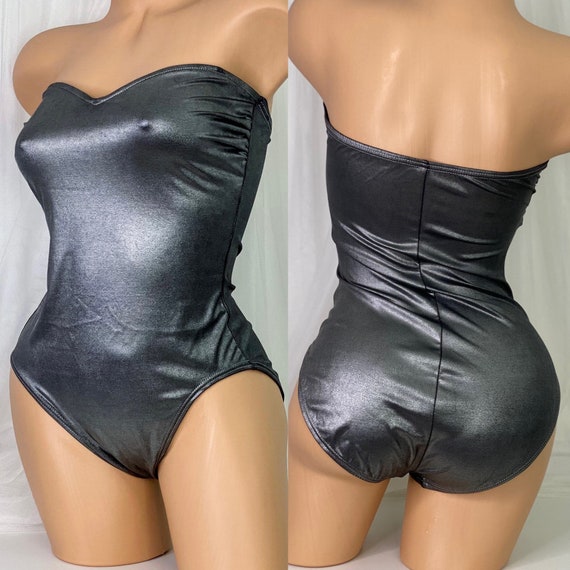 Vintage YSL Strapless Swimsuit Metallic / Silver Pewter Strapless Suit Bodysuit / Yves Saint Laurent France 12