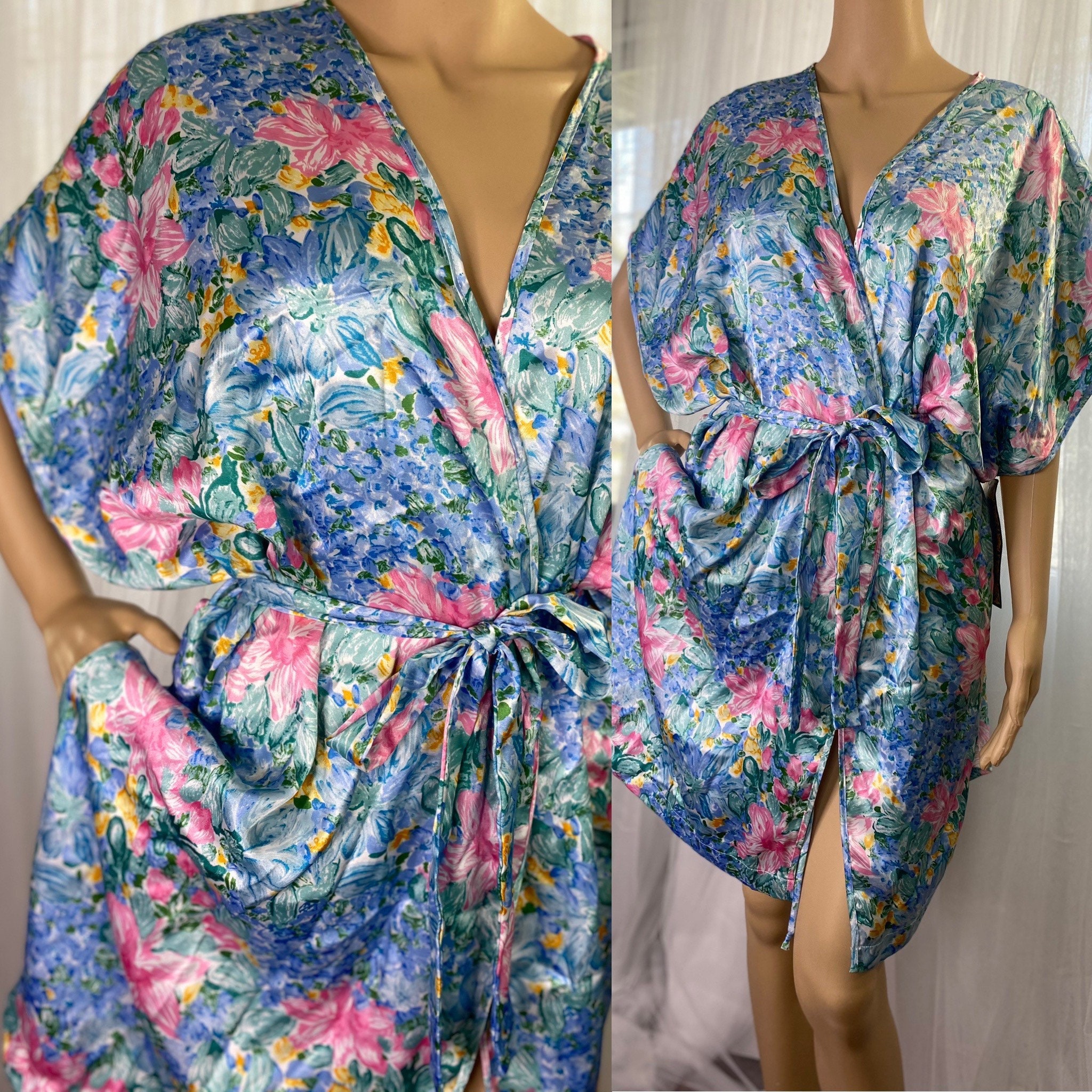 Vintage Tropical Print Satin Robe 2X XXL / Floral Print Short Dressing