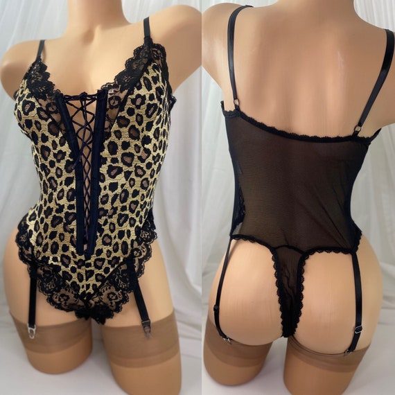 Shirley of Hollywood | Leopard & Lace | Hi Cut Thong Teddy with Attached Garters | Size Large L