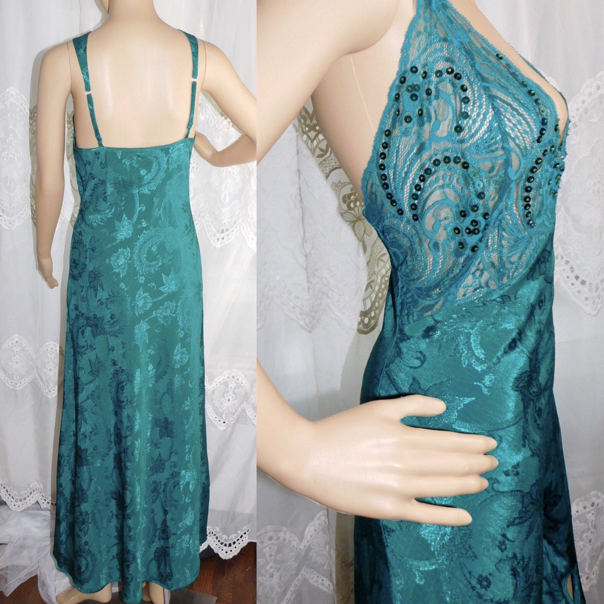 Sz M Vintage Victorias Secret Emerald Hunter Green Silky Lingerie Short  Slip Dress 