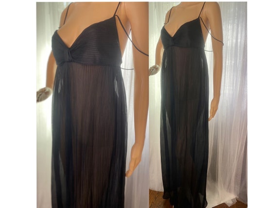 1960s GORGEOUS Sheer Nylon Pleated Gown | Black Long Flowing Maxi Gown | Dramatic Goth Princess | GMc (Ginsburg Mfg. Co) Size Large L
