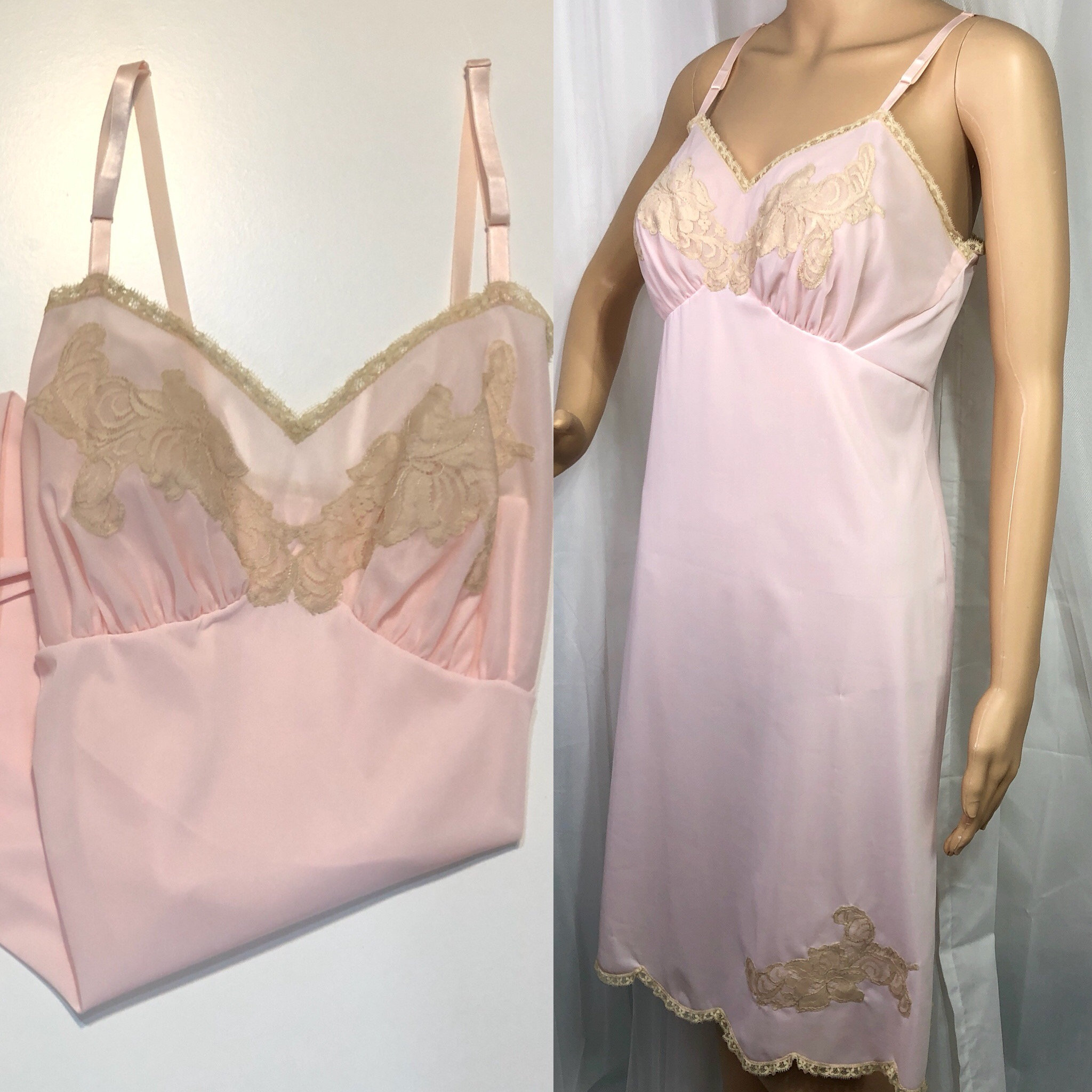 Vintage 1950s Vanity Fair Lingerie / Chiffon & Lace Appliquéd Full Slip  Size 34 S / Pink and Nude Beige / Tricot Nylon / Scalloped Hem