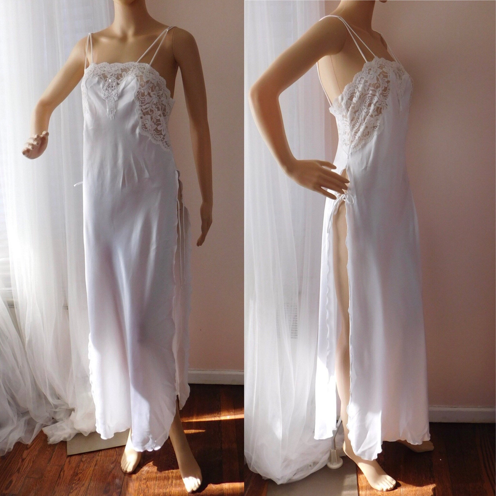 White Glossy Satin Lingerie Gown / Super High Side Slits / - Etsy