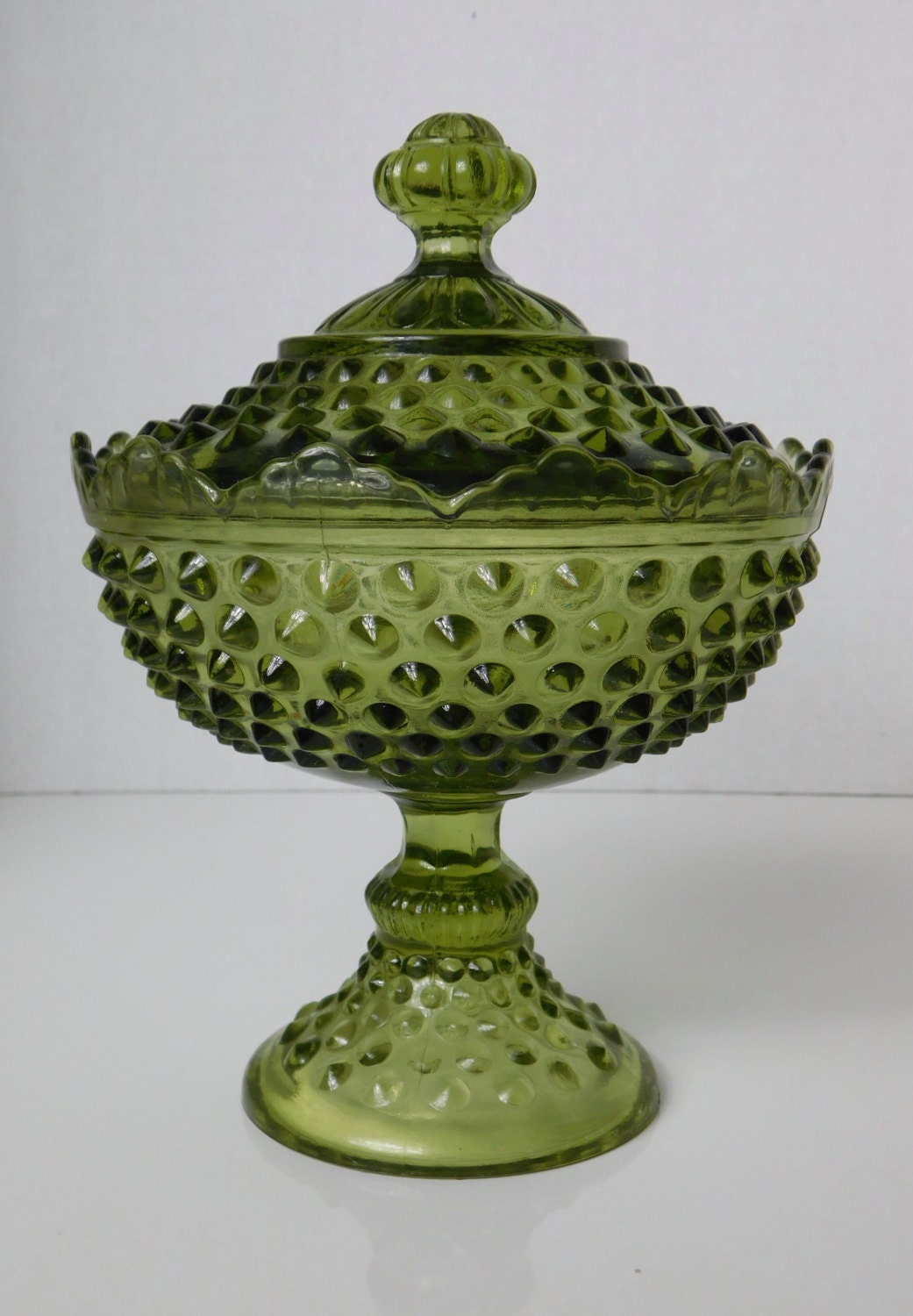 1969 Fenton Colonial Green Hobnail Candy Dish with Lid Footed Pedestal