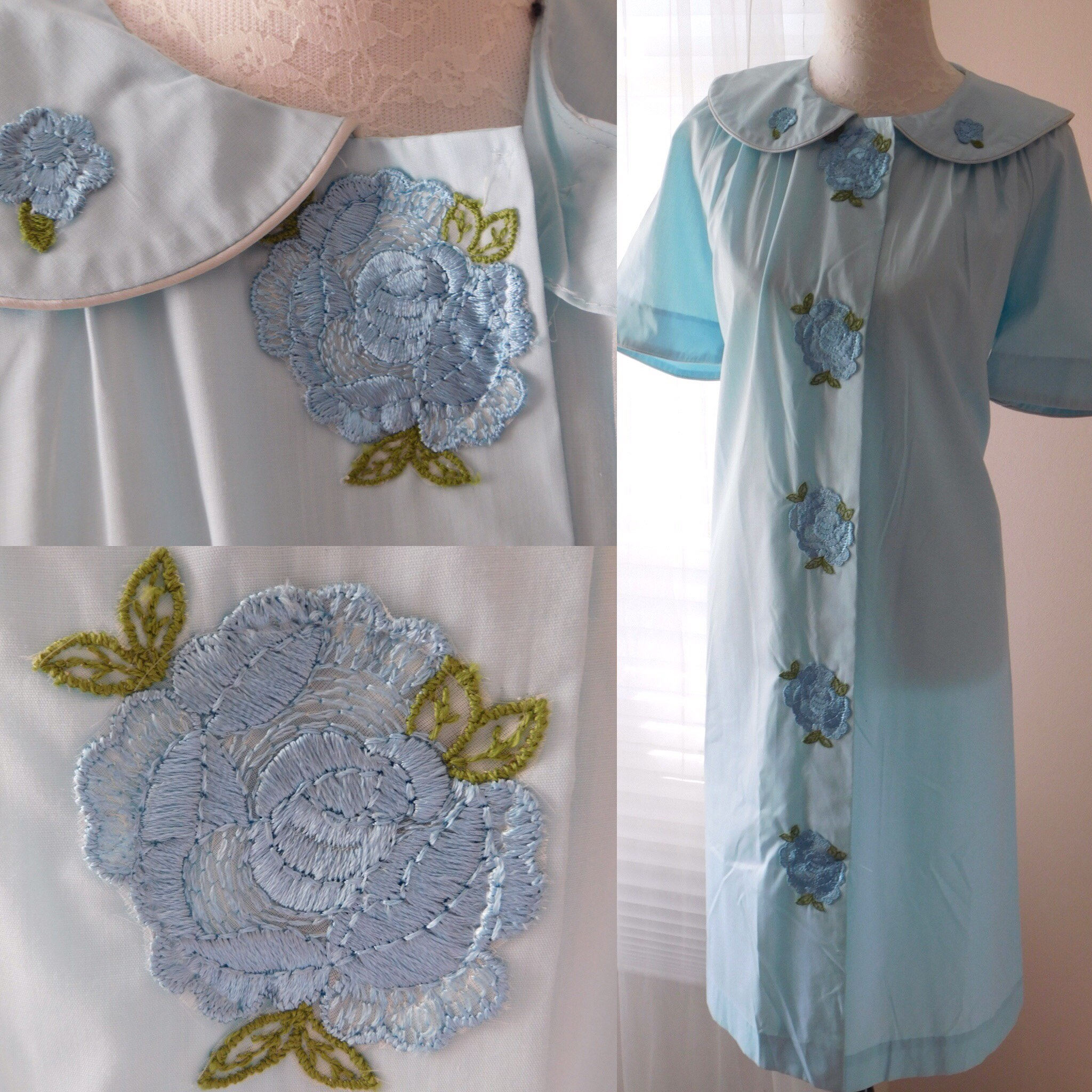 NEW 1950s House Dress, Embroidered Blue 