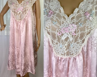 90's Pink Satin & Lace Short Nighty Large L / Short Satin Chemise / Floral Embroidery / Vintage Eve Stillman Lingerie