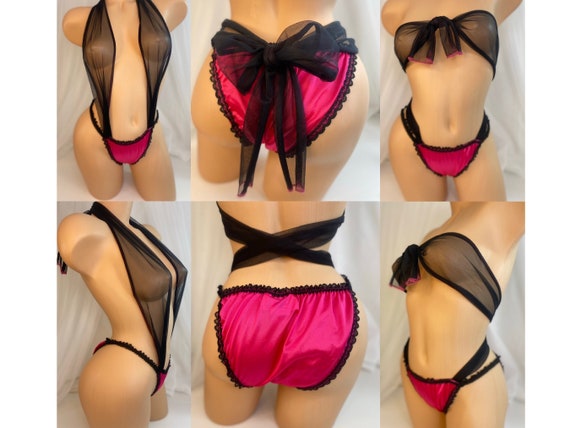 Pink & Black Nylon Panties | Bow | Chiffon Convertible Panties | Undercover Wear Lingerie | One Size S M L | Side Tie | Monokini