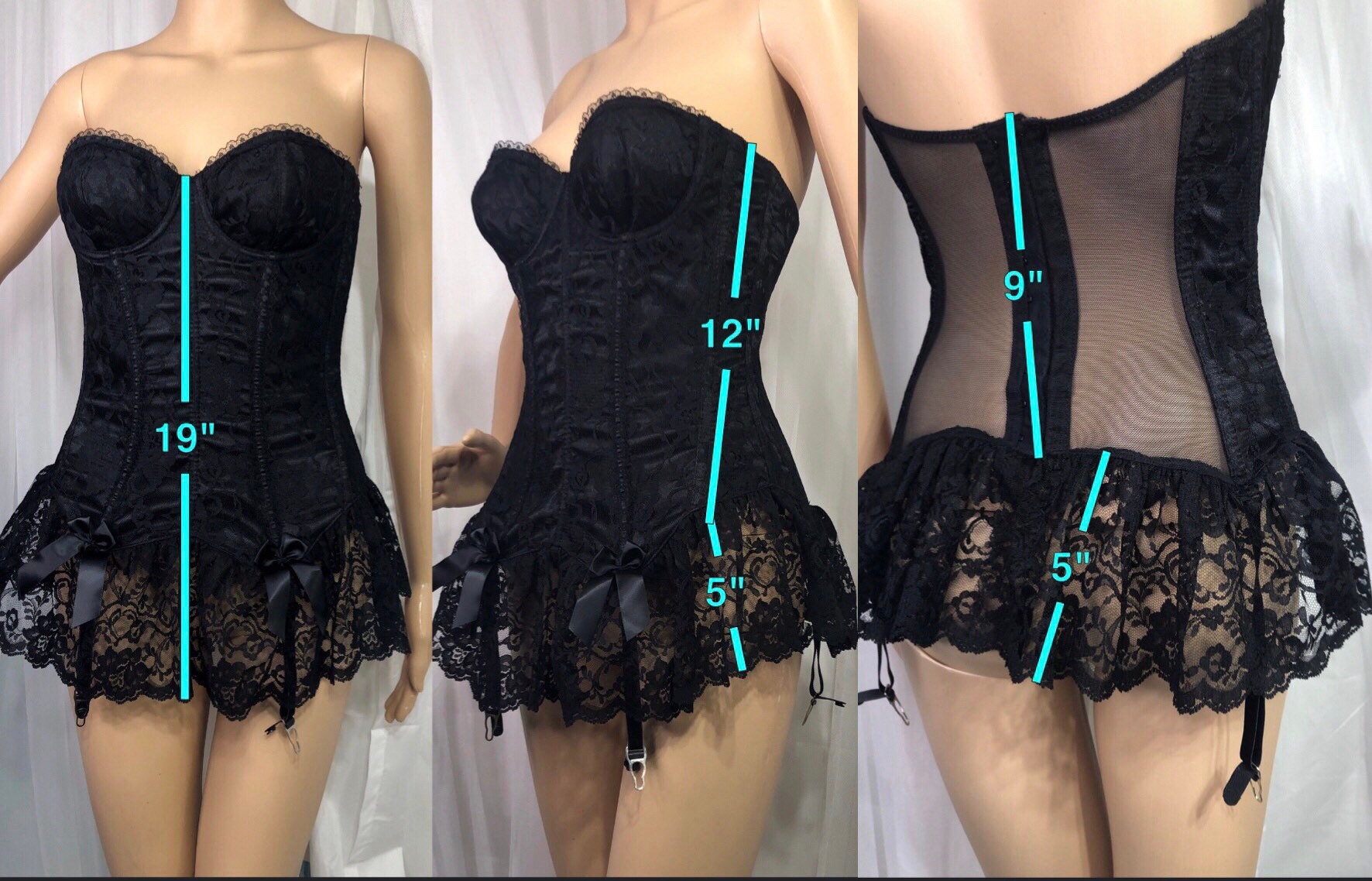 Strapless Merry Widow Boned Corset Attached Ruffled Skirt & Garters