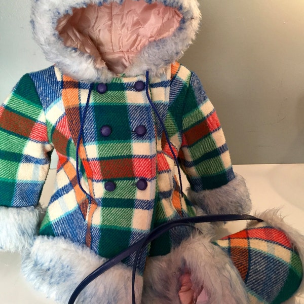 Vintage 1960s Children's Plaid Hooded Gingham Hooded Winter Coat & Hand Muff Faux Fur trim 24M 2-T Girls