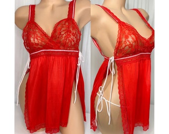 70s Red Semi Sheer Babydoll Pinafore With Panties  | Babydoll Lingerie Set |  Nylon & Lace | Size Medium M | Made in California 2pc Set