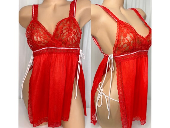 70s Red Semi Sheer Babydoll Pinafore With Panties  | Babydoll Lingerie Set |  Nylon & Lace | Size Medium M | Made in California 2pc Set